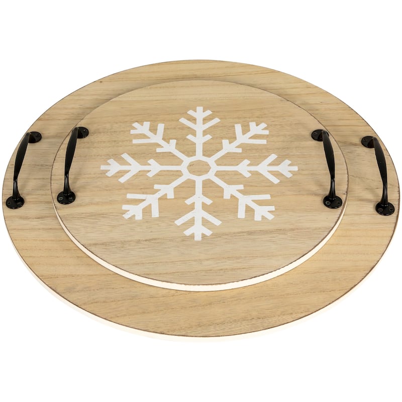 Round Snowflake Christmas Serving Trays with Handles - 15.75" - Set of 2
