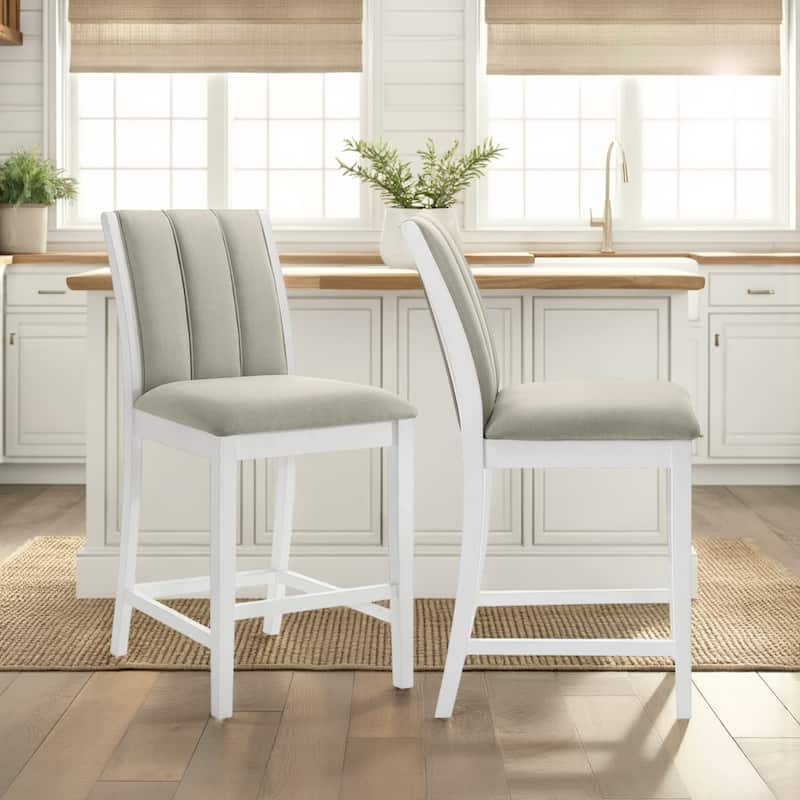 Nolan 26 in. Dark Roast Counter Height Rubberwood Barstool with Grey Fabric Seat - Set of 2 - Fog/Matte White - Counter Height - Set of 2