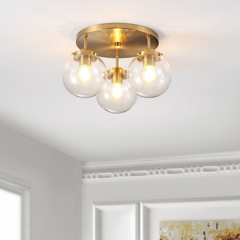 SAFAVIEH Lighting Waneta Flush Mount - 13" W x 13" D x 7" H - Brass Gold/Clear Glass - 13Wx13Dx7H