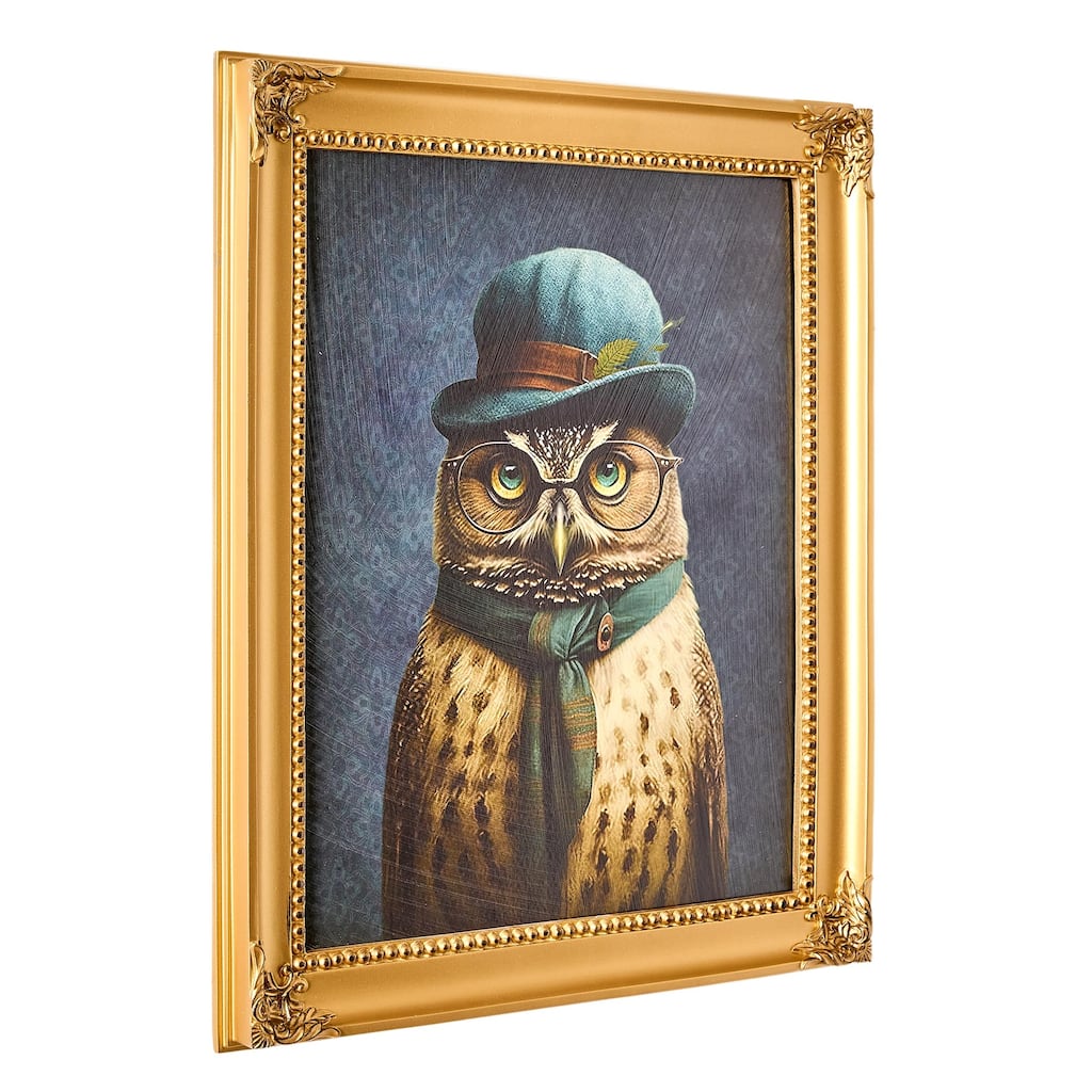American Art Decor Old Wise Owl Ornate Framed Bar Wall Decor - 16.75" H x 13.75" L x 1" D