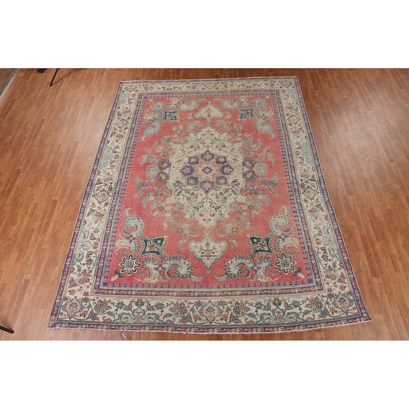 Distressed Tabriz Vintage Area Rug Handmade Wool Carpet - 9'8" x 12'8"