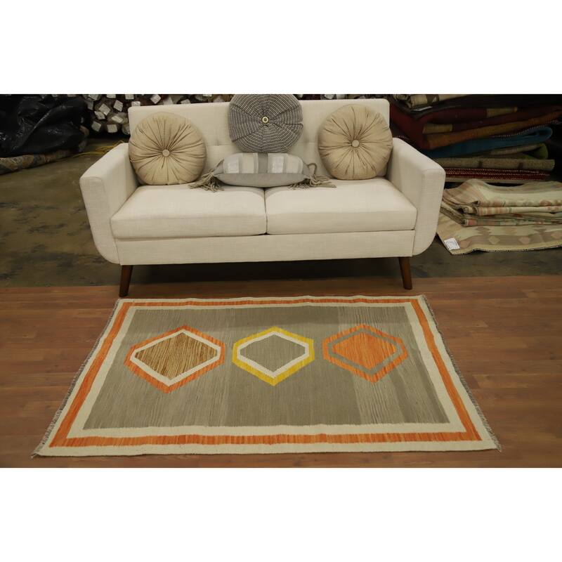 Hand Woven Oriental 100% Wool Carpet Southwestern Modern Green Kilim Area Rug - 4' 9'' X 3' 4''