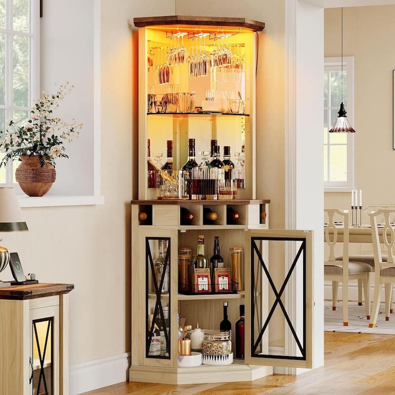 Moasis 72" Corner LED Bar Cabinet with Glass Holder, Wine Rack with Adjustable Shelves - Antique White