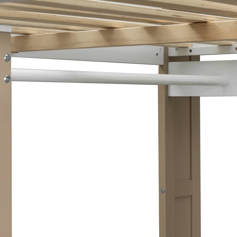 Full Size Wooden Loft Bed Frame with Built-in Storage Shelves, Open Cabinets, Clothes Rails and L-shape Desk