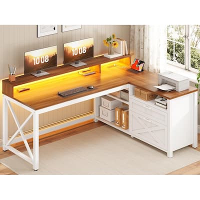 L Shaped Desk 55" Home Office Desk Drawers Storage Shelves