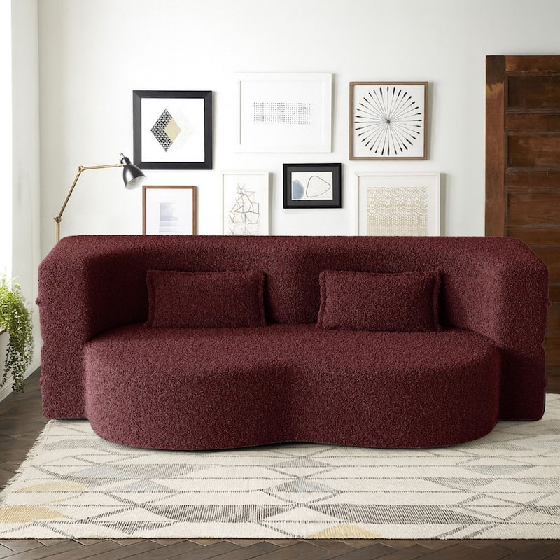 Modern Minimalist Compressed Upholstered Convertible Two-Seater Sofa Bed with 2 Pillows - Burgundy Teddy