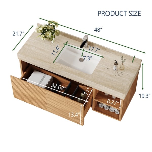 dimension image slide 9 of 10, 48" Modern Floating Single Bathroom Vanities with Sink, Brown or Natural wood, 2 Drawers