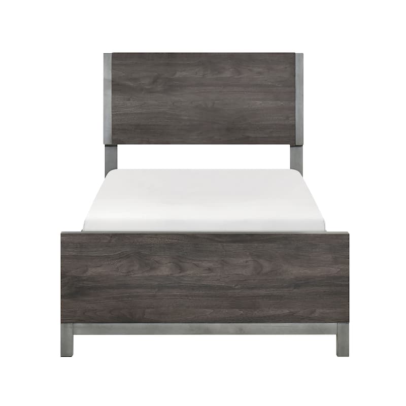 Twin Size Wood Panel Bed with Antique Silver Accents