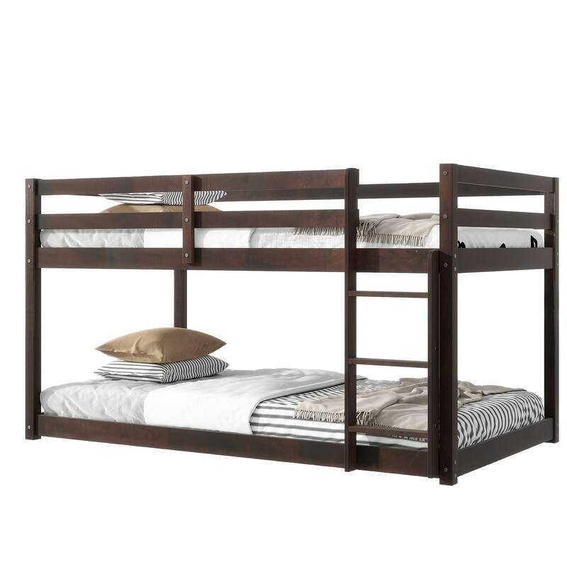 Solid Wooden, Solid Rubber Wooden Twin over Twin Floor Bunk Bed with Ladder, with Strengthened Slats