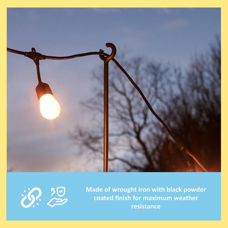 Achla Designs 46"H Black Powdercoated Wrought Iron Outdoor O-Hook Railing Poles for String Lights (Set of 2)