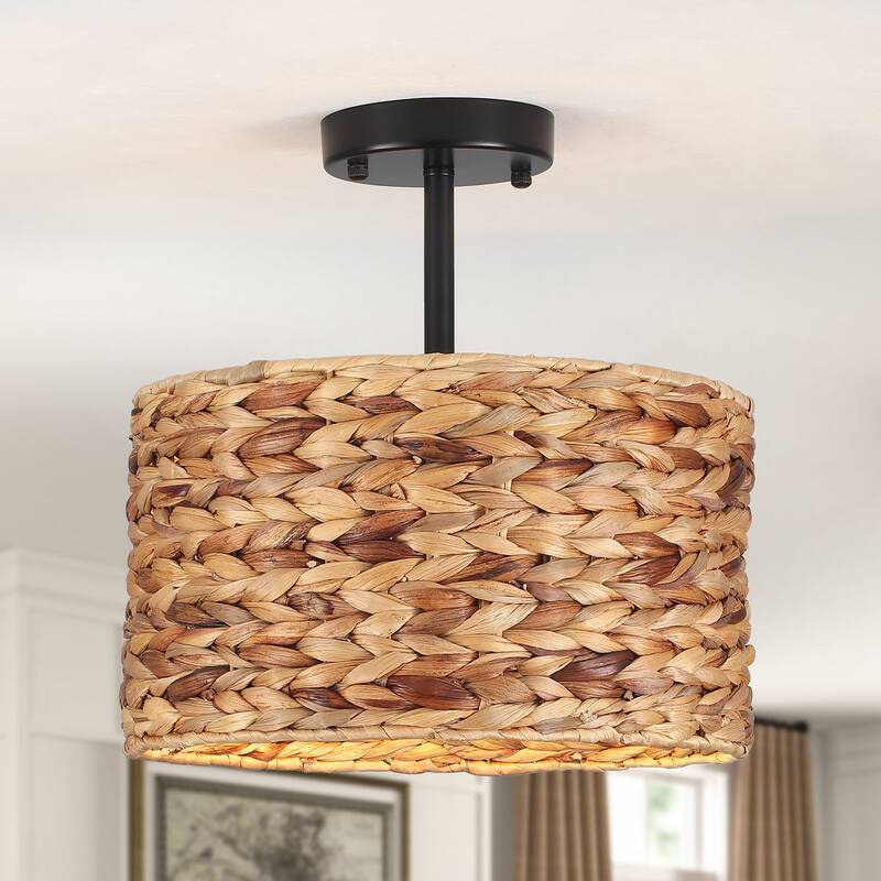 1-Light Semi-Flush Mount Lighting with Drum Shade, Classic Semi Flush Mount Chandelier for Living Room Kitchen Dining Foyer