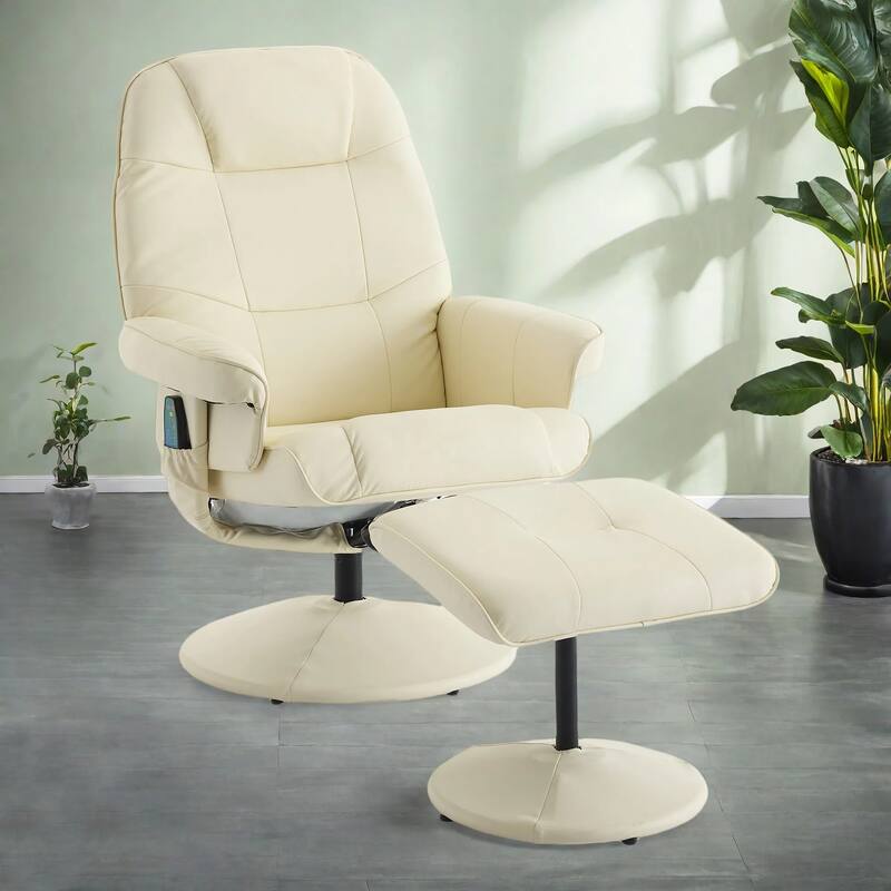 PU Leather 360° Swivel Massage Recliner Chair with Ottoman, Massage and Heated Seat, 140° Adjustable Backrest - Beige