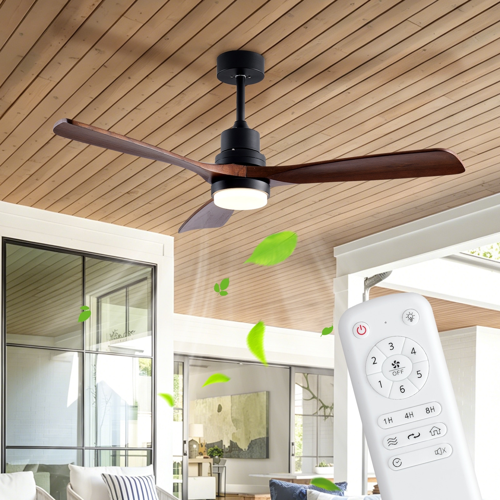 52" Farmhouse Wood Ceiling Fan with Light and Remote Control, Indoor Outdoor 6 Speeds Quiet DC Motor Reversible Ceiling Fan
