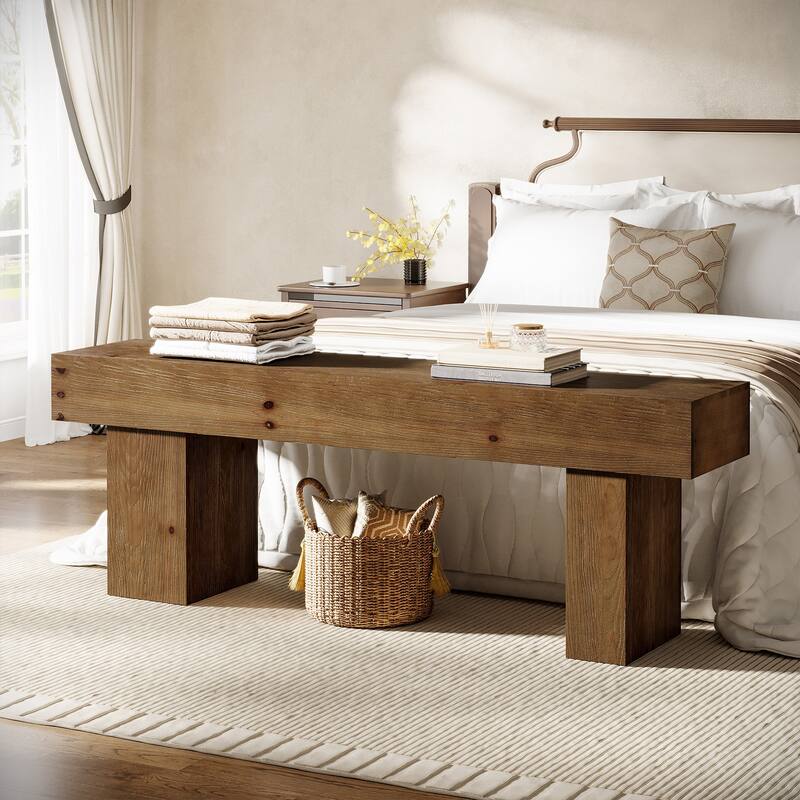 63" Farmhouse Entryway Shoe Bench, Solid Wood End of Bed Bench - Brown