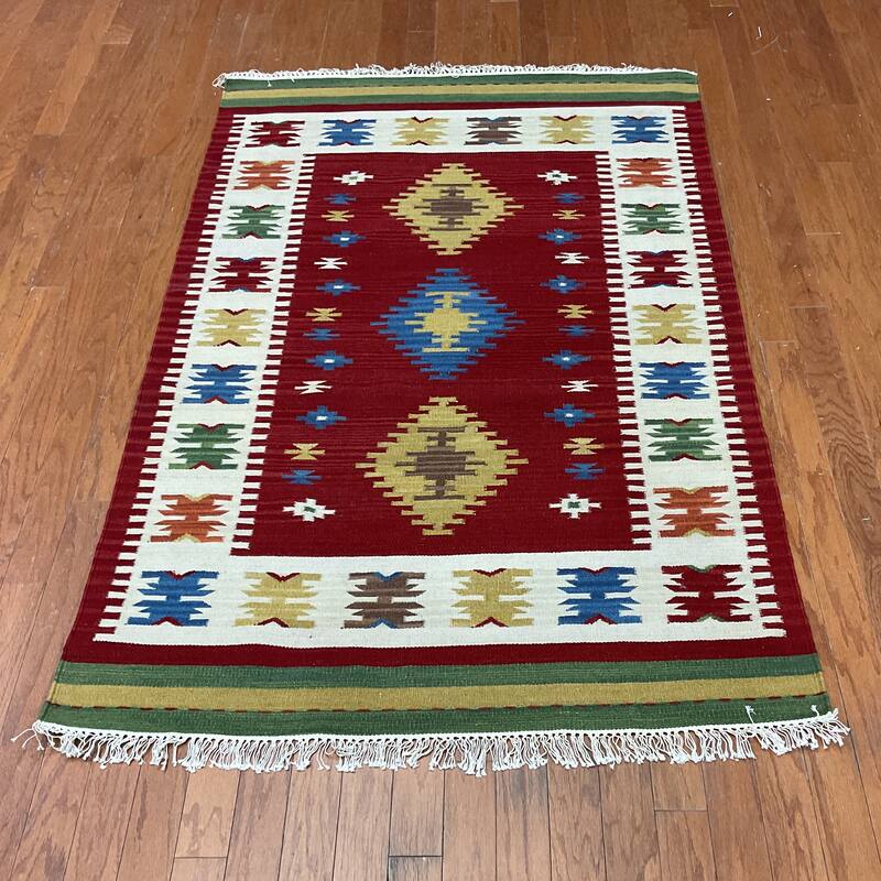 HERAT ORIENTAL Handmade Flat-weave Wool Kilim Collection - Red/Green - 4' x 6'