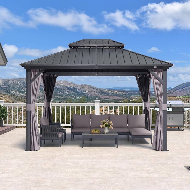 PURPLE LEAF Gazebo Outdoor Gazebo with Dual-Layer Galvanized Steel Double Roof Aluminum Gazebo with Netting and Curtains Grey
