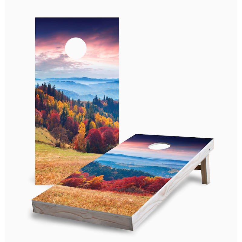 Sunrise Autumn Mountains Corn Hole Board Set with Hole Lights - 16 Years and Up