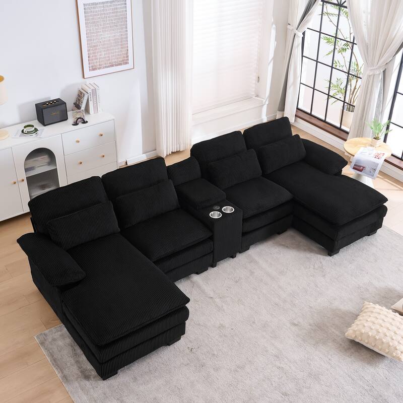 124" Modern Modular Sofa with Double Recliner and USB Port with Center Console