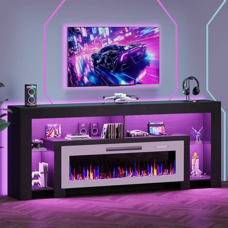 BOSSIN 82" Fireplace TV Stand with 50" Fireplace, Entertainment Center for TVs Up to 90", Console Cabinet With LED Light - New-Black