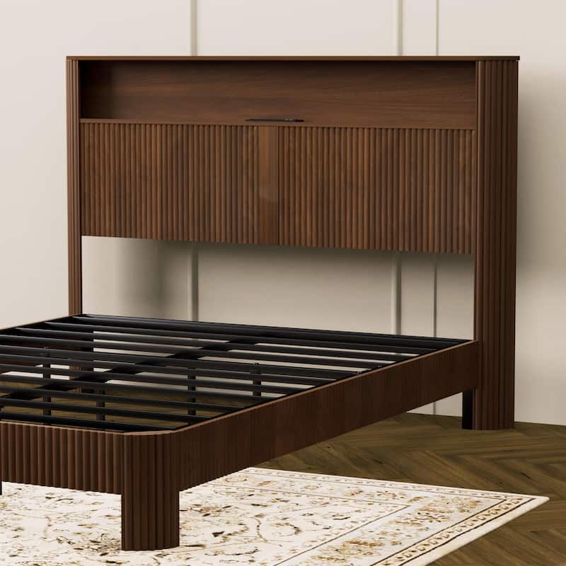 Queen Size Bed Frame With Storage Headboard, Built-In Charging Station, Wavy Curved Lines Design, Silent Operation