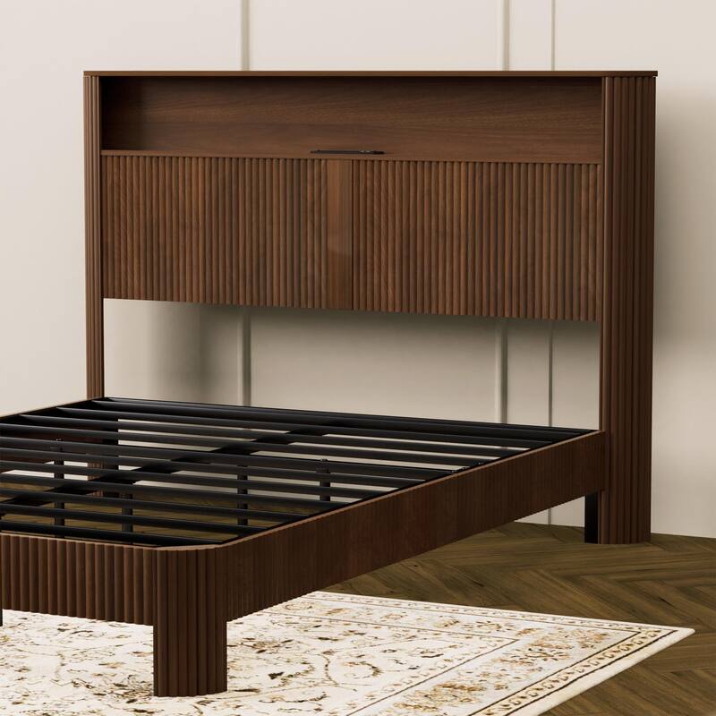 Wooden Bed Frame with Metal Slat, Noise Free, Modern Low Profile Platform Bed with Storage Headboard and Charging Station