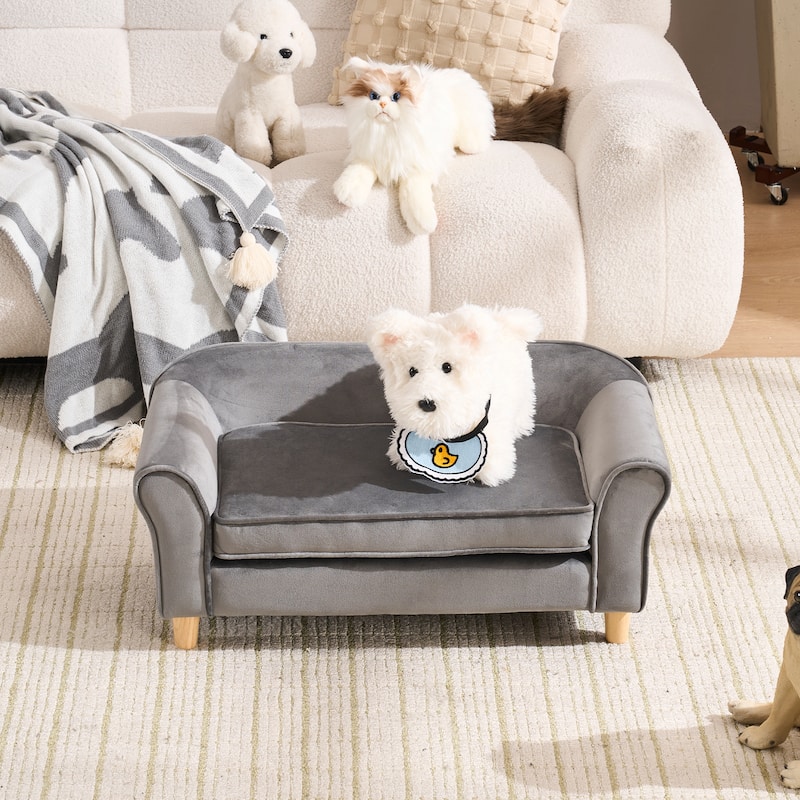 20.67" x 12" x 2.76" Pet Sofa Bed, Grey Velvet Cat Bed and Small Dog Couch with Rubberwood Legs