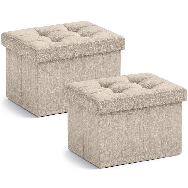 2 Pack Small Rectangle Foldable Storage Ottoman - Beige
