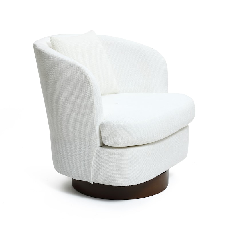 Upholstered White Woven Texture Club Swivel Chair with Dark Brown Base and Pillow