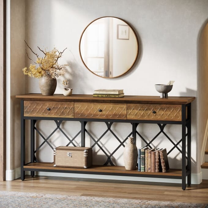 70.86-Inch Console Sofa Table, Entryway Table with 3 Storage Drawers
