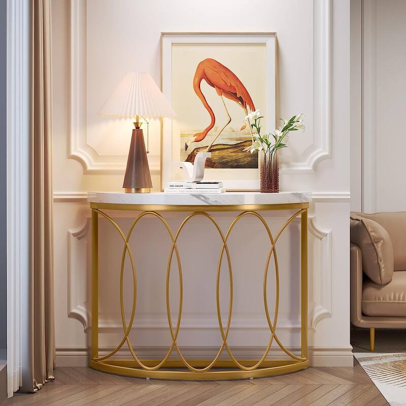Half Moon Gold Console Table, 43 Inch Modern Faux Marble Entryway Table