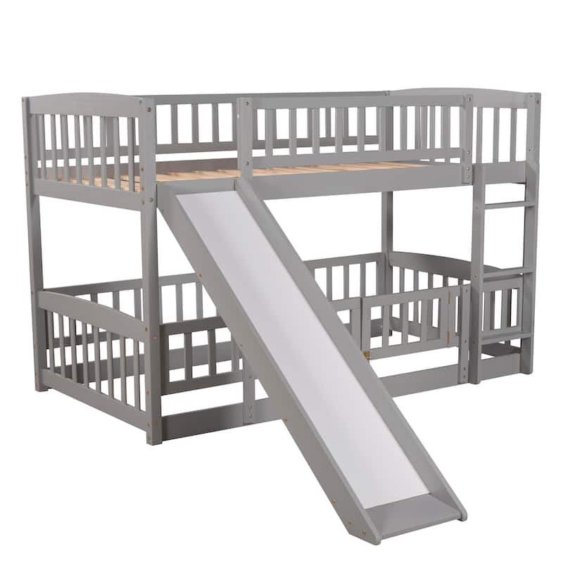 Solid Pinewood Floor Bunk Bed Frame with Slide and Ladder, Twin/Full Size Low Bunk Bed with Fence and Door for Kids Teens
