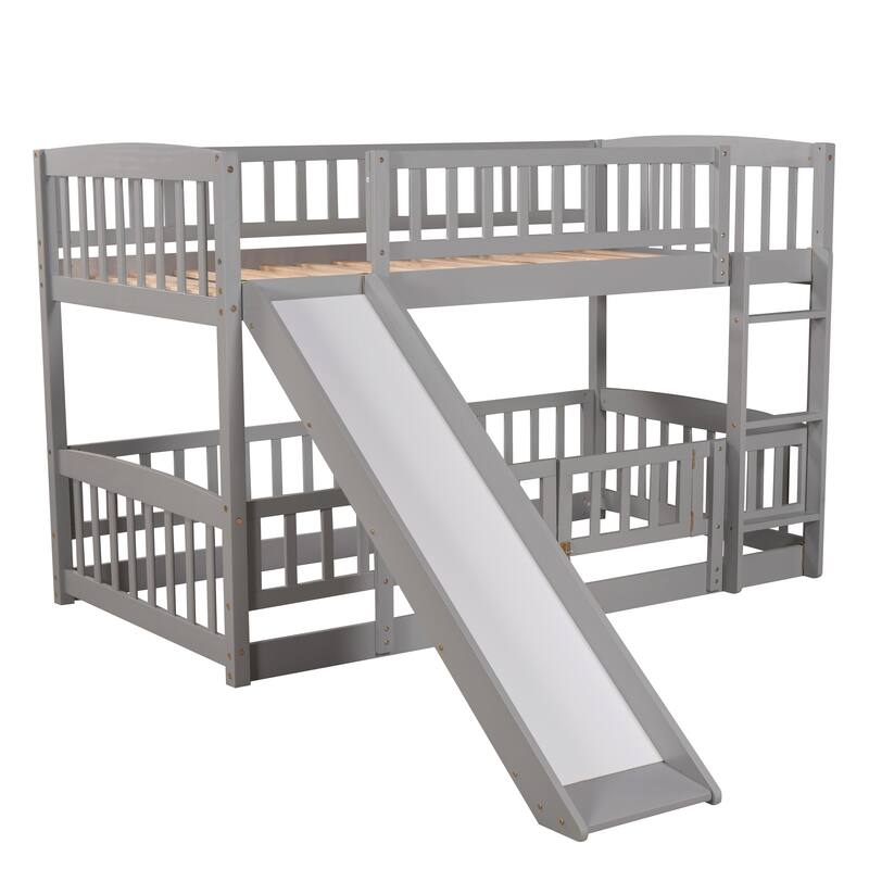 Twin Over Twin Low Bunk Bed with Slide, Fence, and Ladder for Kids and Teens, Grey