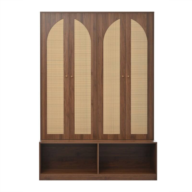 Farmhouse Hall Tree with 4 Rattan Doors, Versatile 4-In-1 Seating Bench with 6 Hooks, Entryway Shoe Cabinet w/ Adjustable Shelf