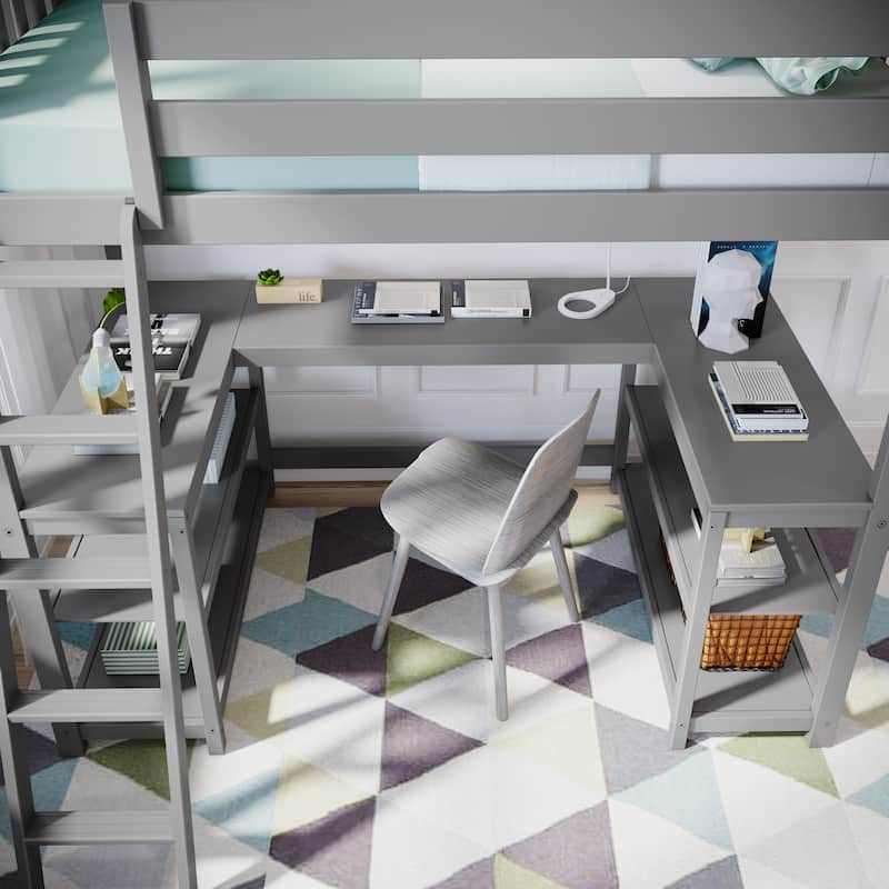 Max and Lily Twin Size High Loft Bed with Wraparound Desk and Shelves