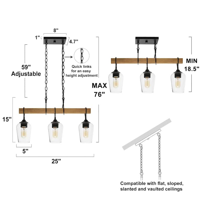 Farmhouse Rustic 3-light Linear Chandelier Clear Glass Island Lights for Dining Room