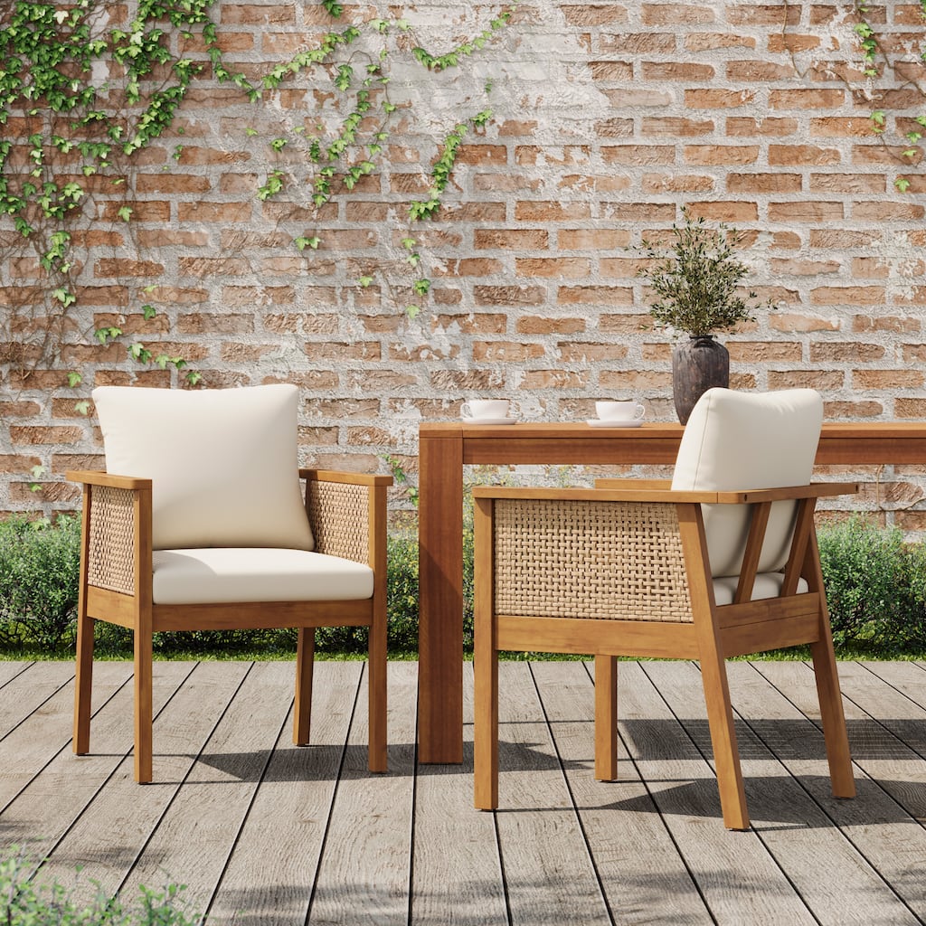 Christopher Knight Home - Set of 2 Mid-Century Modern Acacia Wood Dining Chairs with Handwoven Wicker Back and Washable Cushions