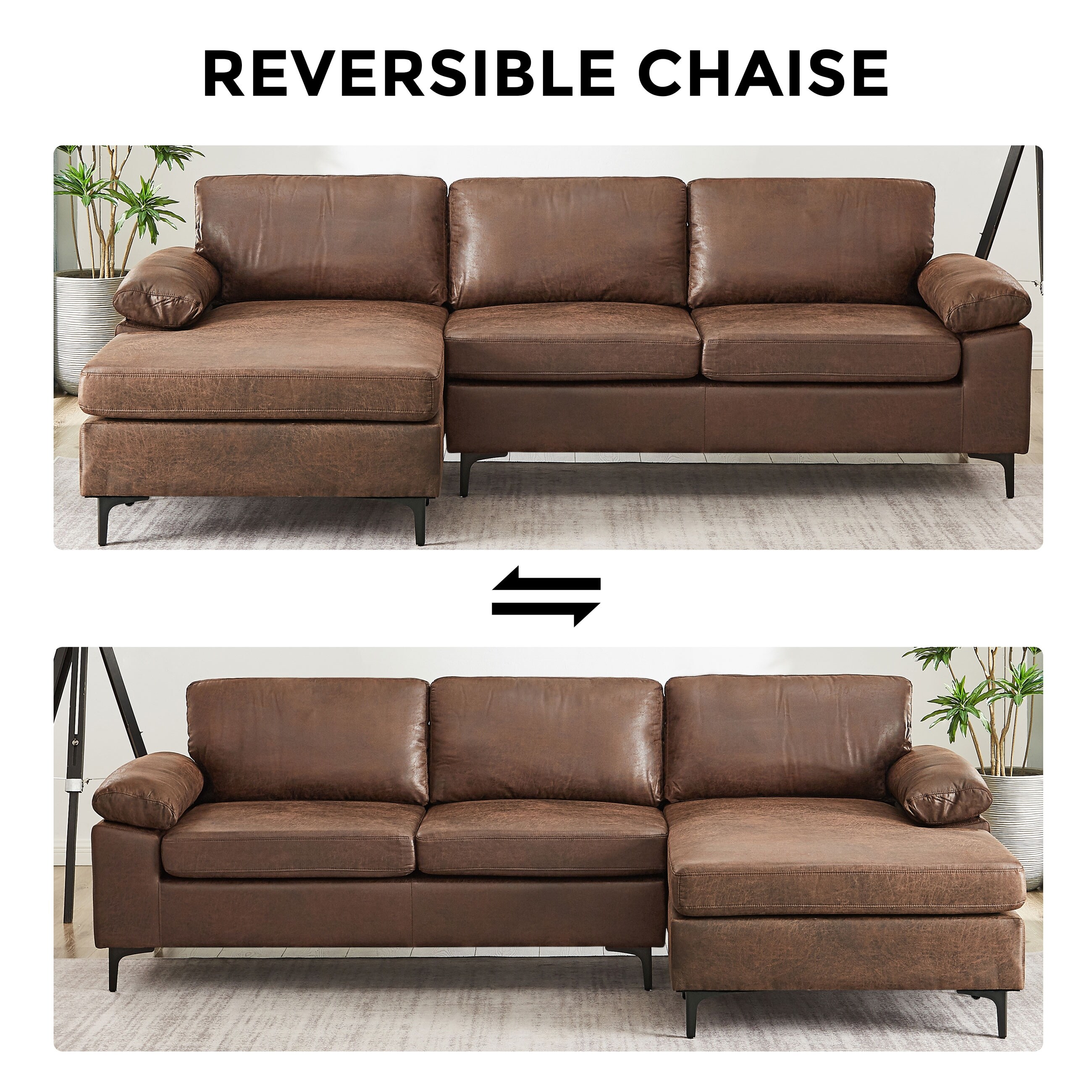 VANOMi 100in Mid Century Modern Reversible Faux Suede Sectional