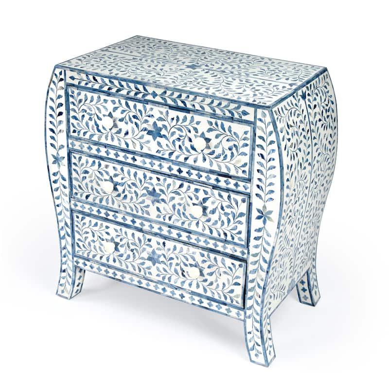 Trubadur Blue and White Bone Inlay 3 Drawer Chest - White & Blue - Wood
