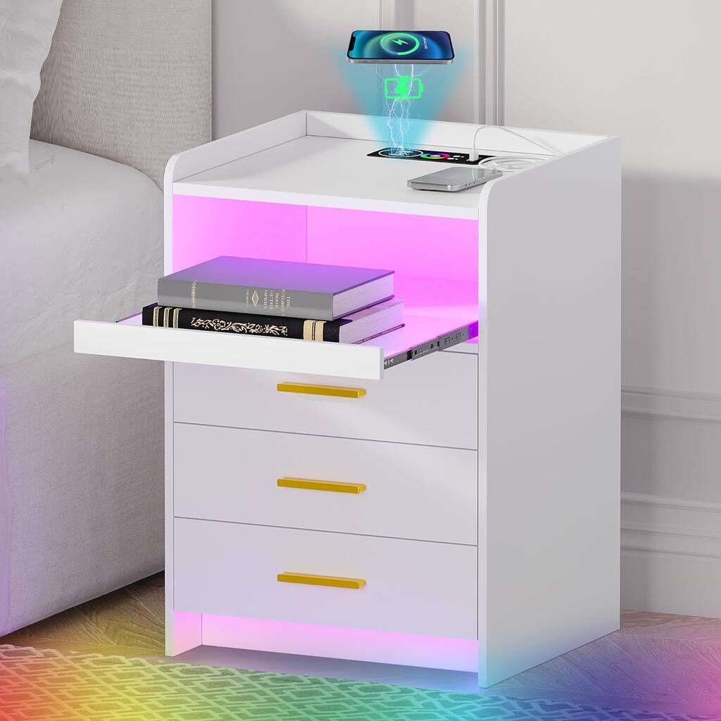Nightstand with Wireless Charging Station, Auto Sensor LED 15.7"D x 17.7"W x 25.2"H