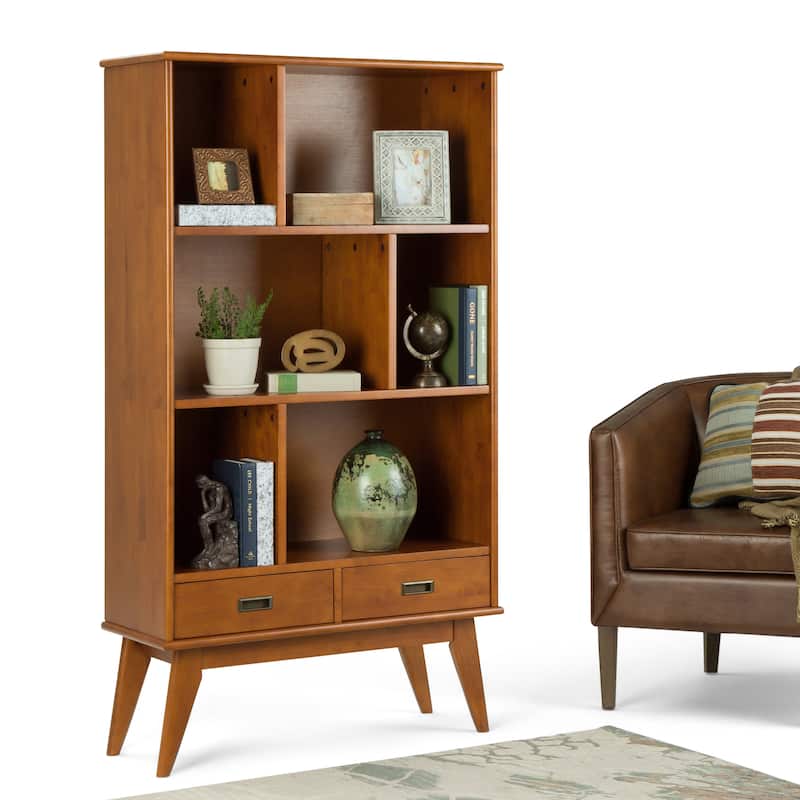 WYNDENHALL Tierney SOLID HARDWOOD 64x35 inch Modern Wide Bookcase and Storage Unit - 35"w x 14"d x 64" h - Teak Brown