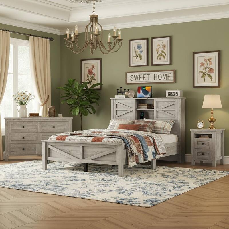 Farmhouse 3-Piece Bedroom Set with Sliding Storage Headboard & Charging Station by Harper&Bright Designs - Antique Gray - Full