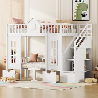 Solid Wood Bunk Bed Frame with 2 Drawers, Storage Stairs and Adjustable Table, Bunk Bed Turn into Upper Bed and Down Desk