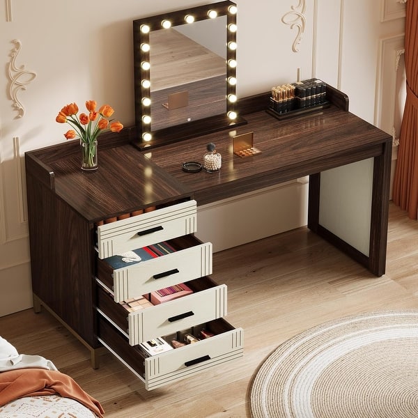 60 Inches Brown Mid-Century Modern Wood Vanity Desk with 4 Drawers - Bed Bath & Beyond - 41578921 60 Inches Brown Mid-Century Modern Wood Vanity Desk with 4 Drawers - Bed Bath & Beyond - 41578921