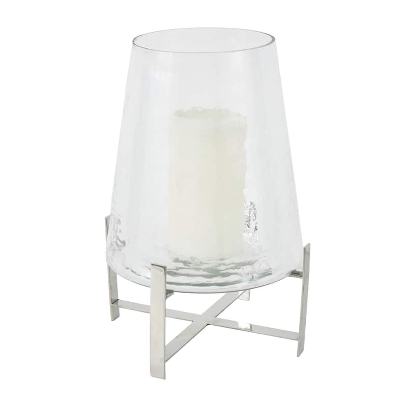 Stainless Steel Metal Hurricane Lamp with Stainless Steel X Shaped Base - Clear - Roche River Decor - Clear - 10"W, 16"H