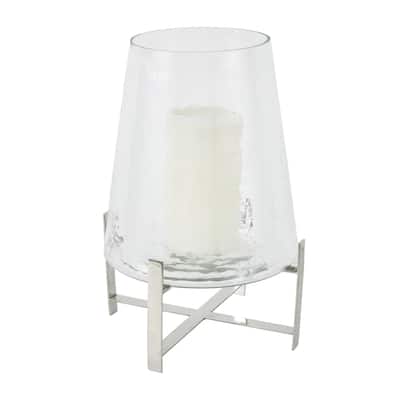 Stainless Steel Metal Hurricane Lamp with Stainless Steel X Shaped Base - Clear - Roche River Decor