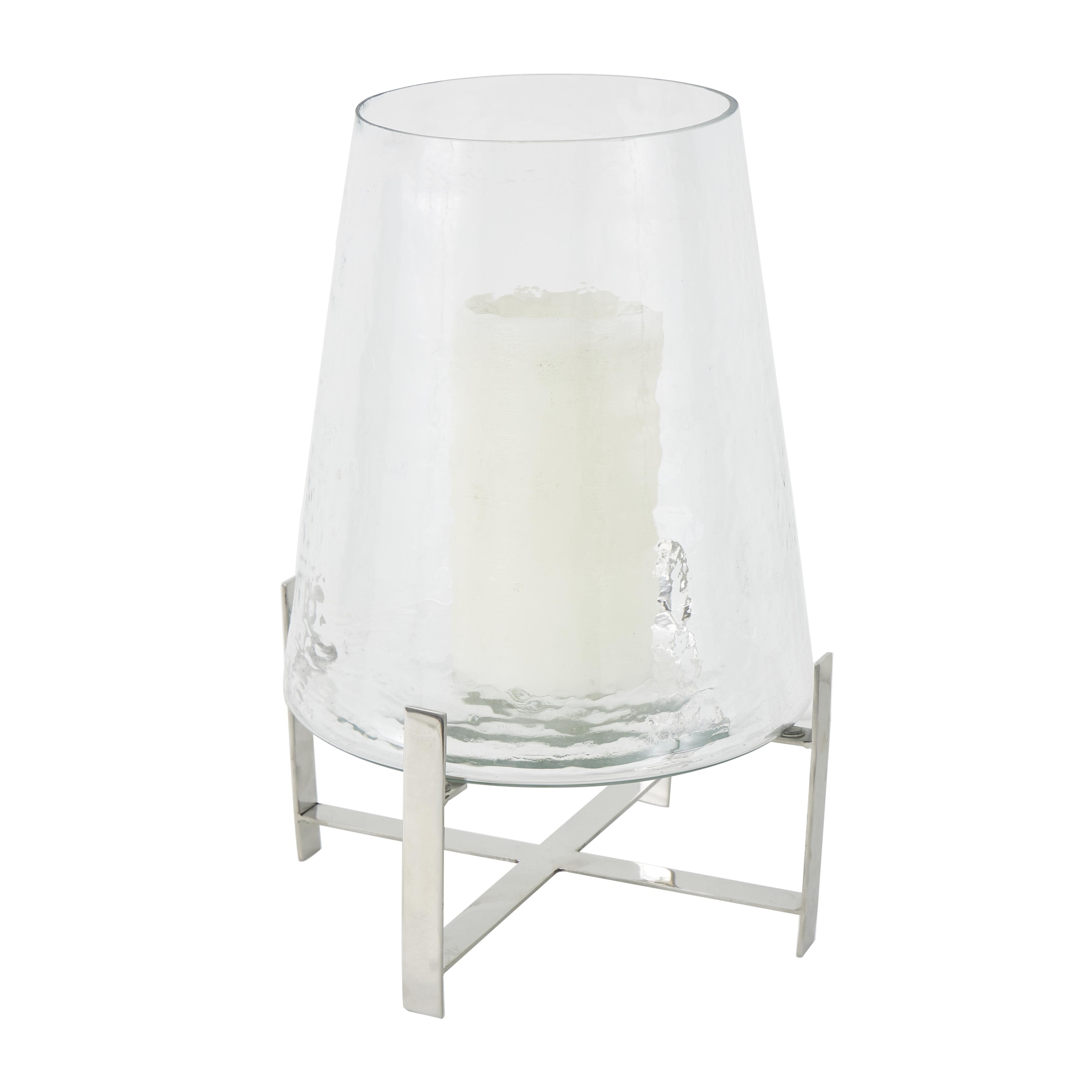 Stainless Steel Metal Hurricane Lamp with Stainless Steel X Shaped Base - Clear - Roche River Decor