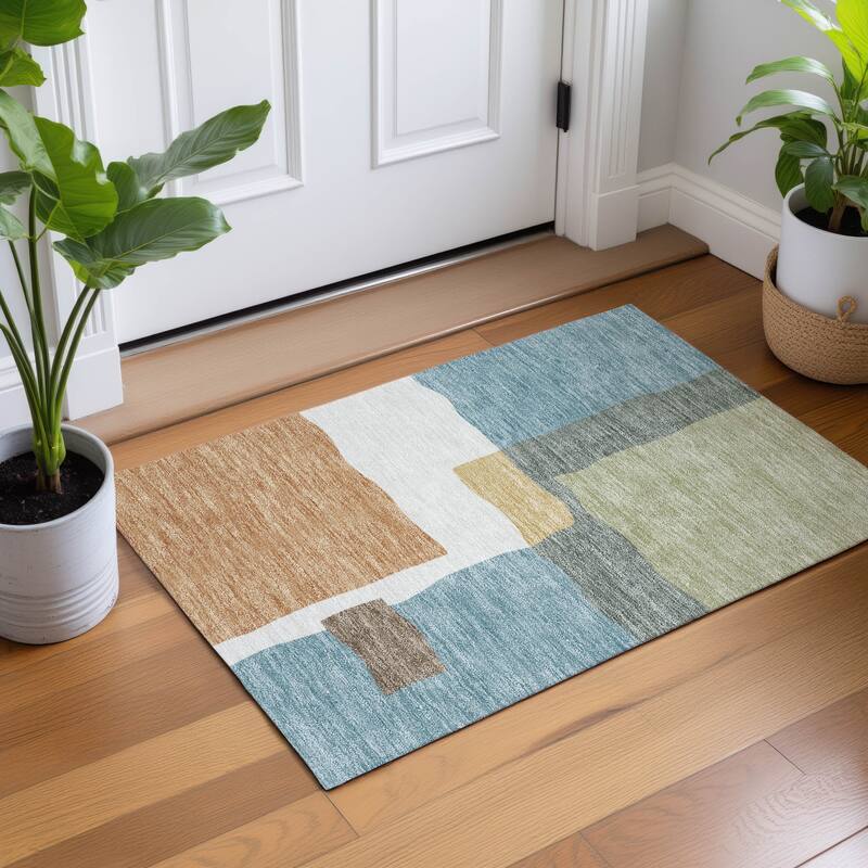 Machine Washable Indoor/ Outdoor Contemporary Blox Chantille Rug
