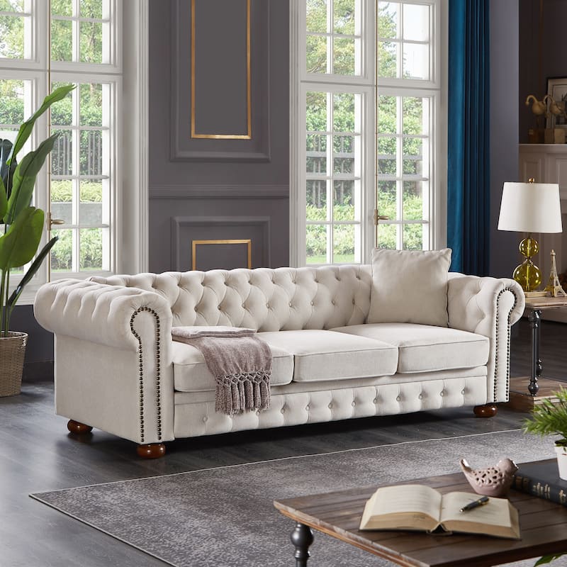 Beige Linen Fabric Chesterfield Sofa, 88x37x28 inches