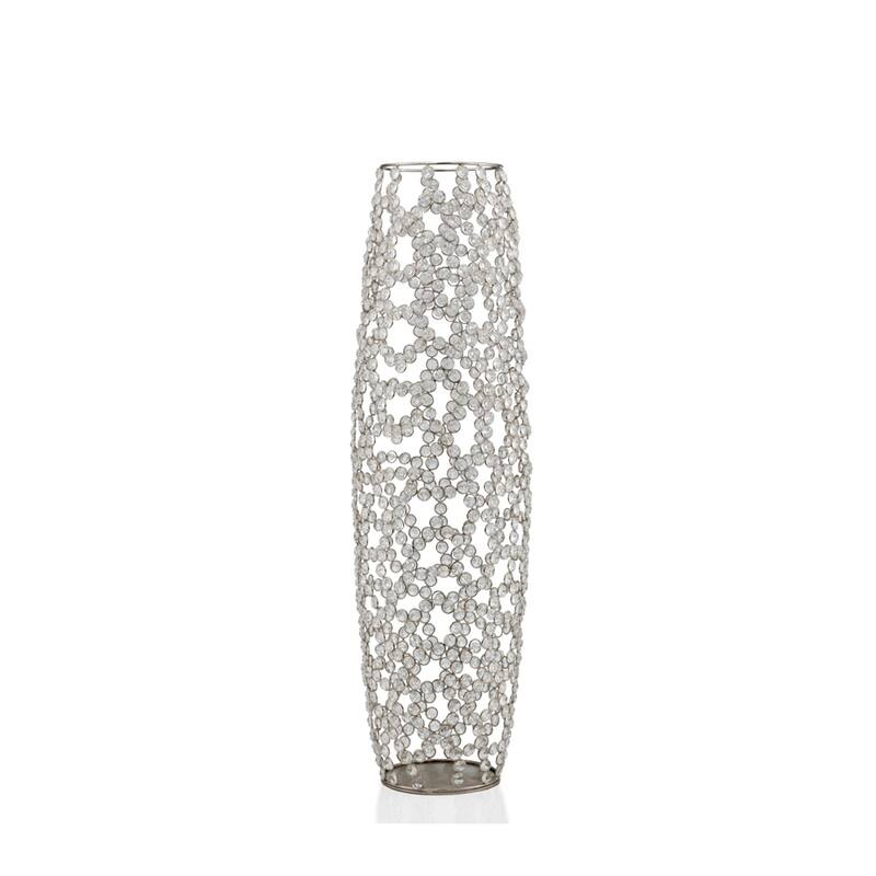 HomeRoots 32" Silver Cylinder Crystal Glass Floor Vase With Faux Crystals
