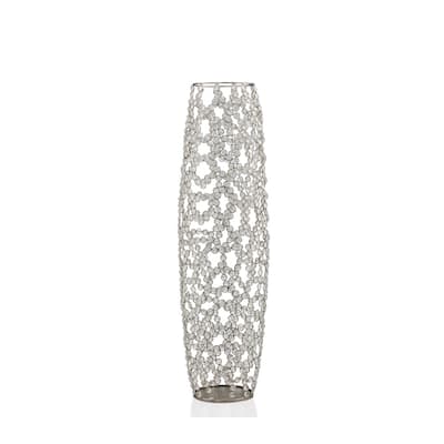 HomeRoots 32" Silver Cylinder Crystal Glass Floor Vase With Faux Crystals